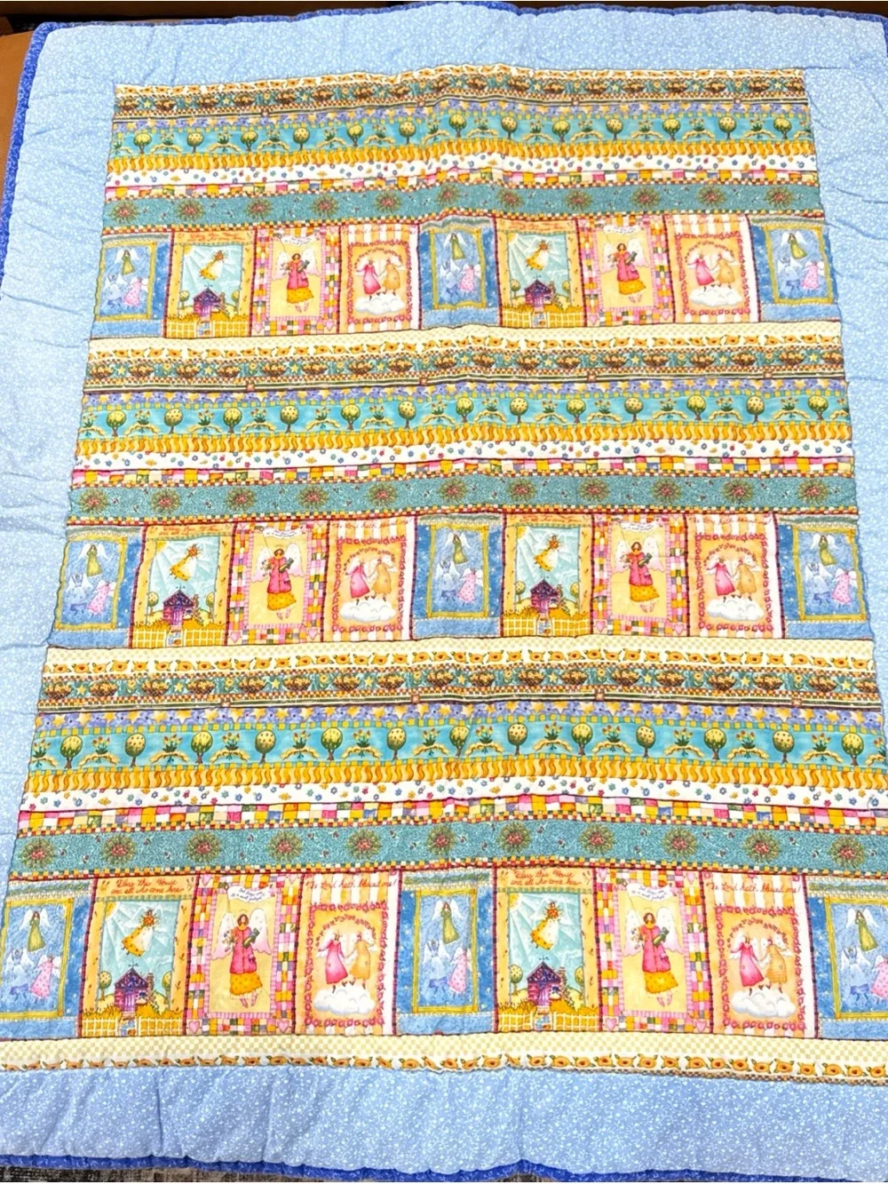 Hand Quilted Angel Baby Quilt Blue Handmade Crib Blanket  With Flannel Back